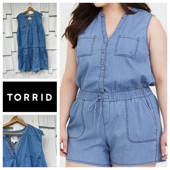 Torrid‎ First At Fit Chambray Romper V-Neck Button Front Ruched Waist Blue 4X - Picture 1 of 9